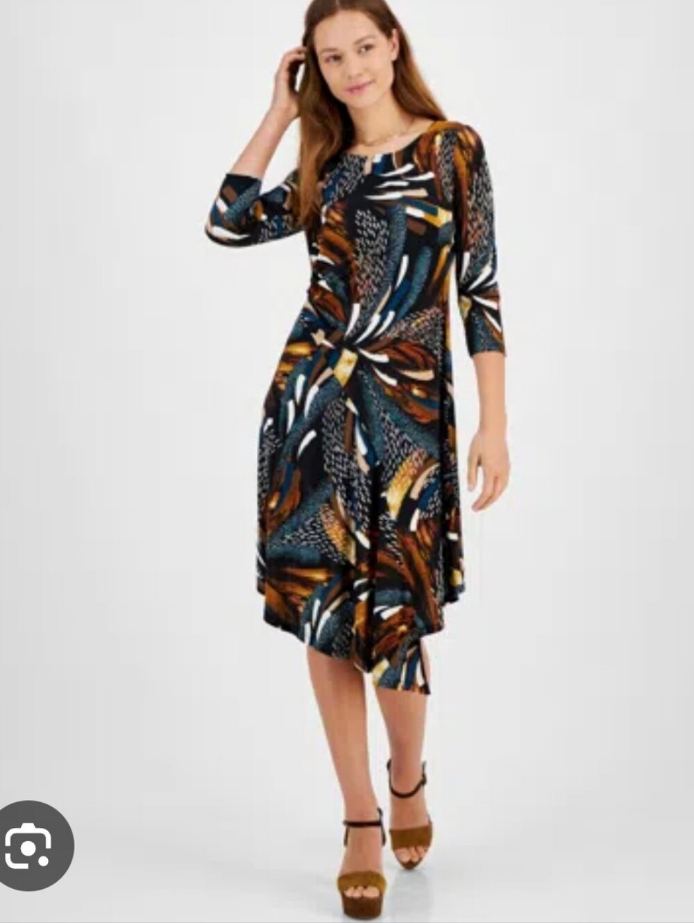 Signature by Robbie Bee Dress PM Petite Medium Abstract Print 3/4 Sleeve Twist